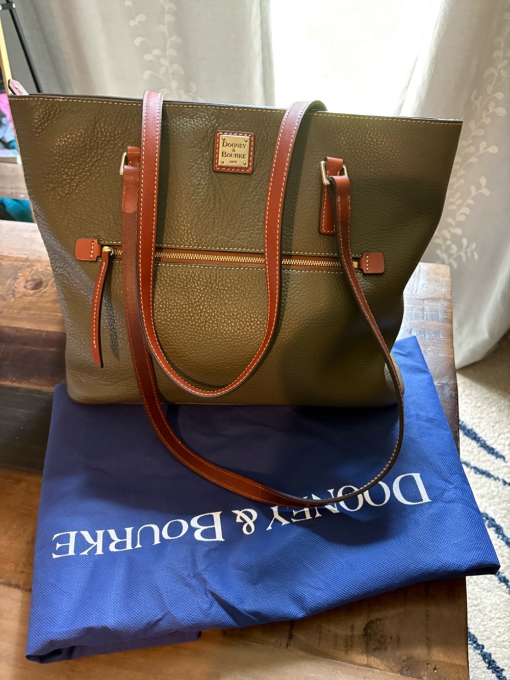 Dooney & Bourke Olive Pebbled Leather Tote with Brown Trim